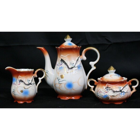 5 Pc Orange Moriage Dragonware Tea Set Teapot Sugar Bowl Creamer Pitcher Japan - Picture 1 of 11